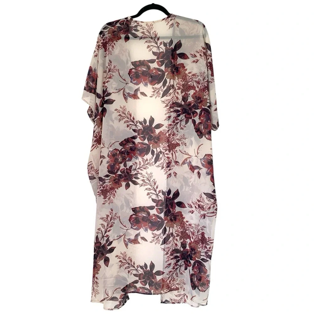 Emory Park Duster Kimono‎ Women OS Ivory Burgundy Purple Floral Sheer Longline